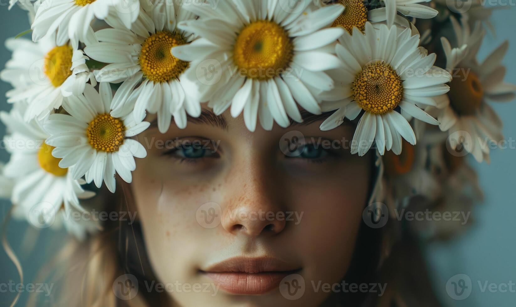 margaritas arreglado en un floral corona, joven mujer en floral corona, naturaleza belleza foto