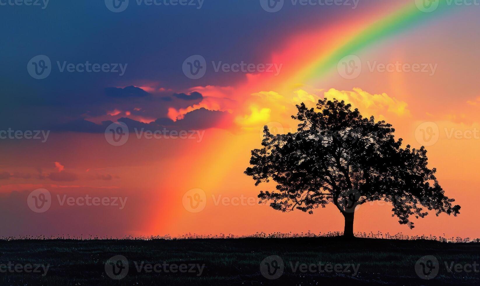 Colorful rainbow after spring rain, rainbow on dark cloudy sky photo