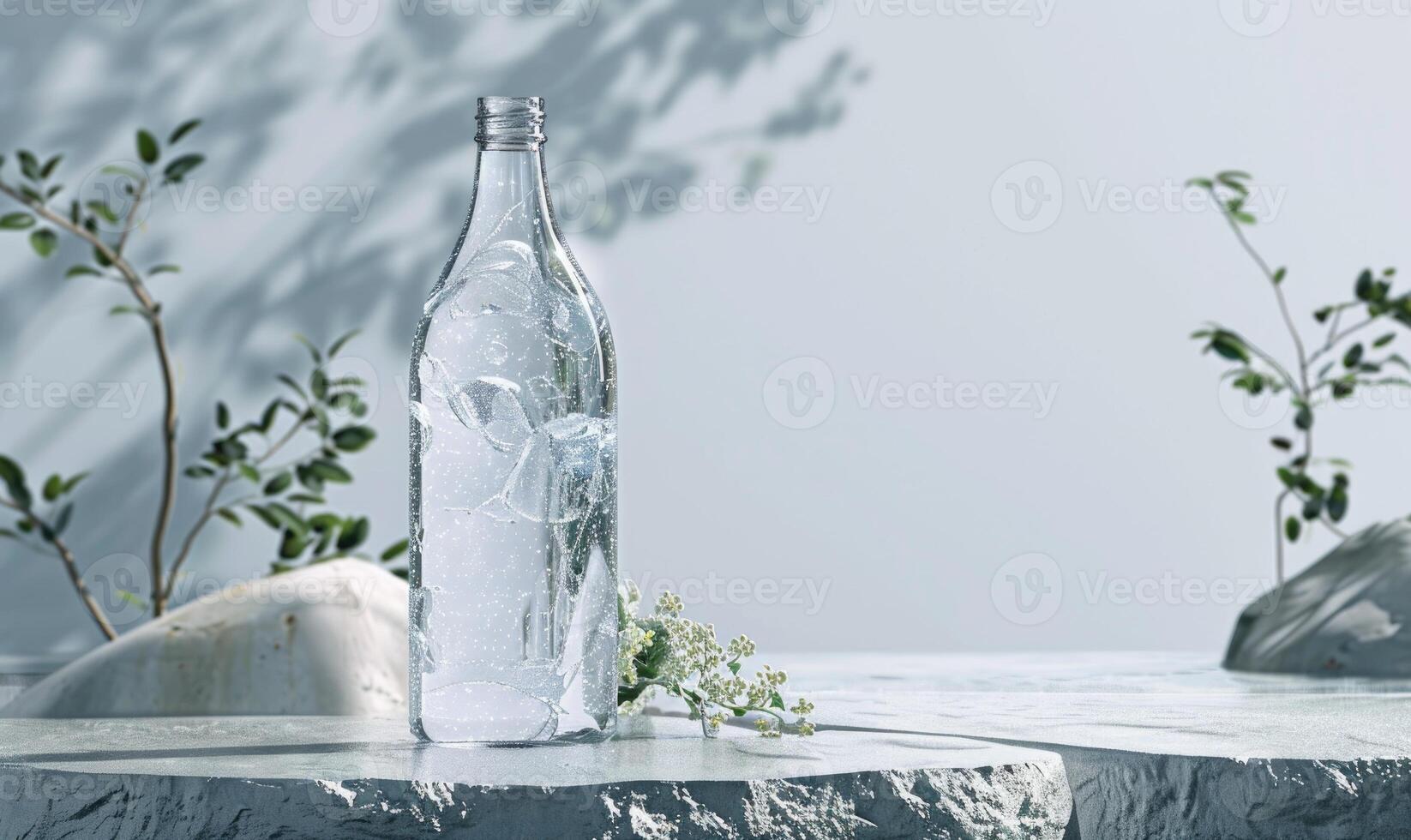 Crystal clear glass bottle mockup showcasing a premium quality mineral water sourced from natural springs photo