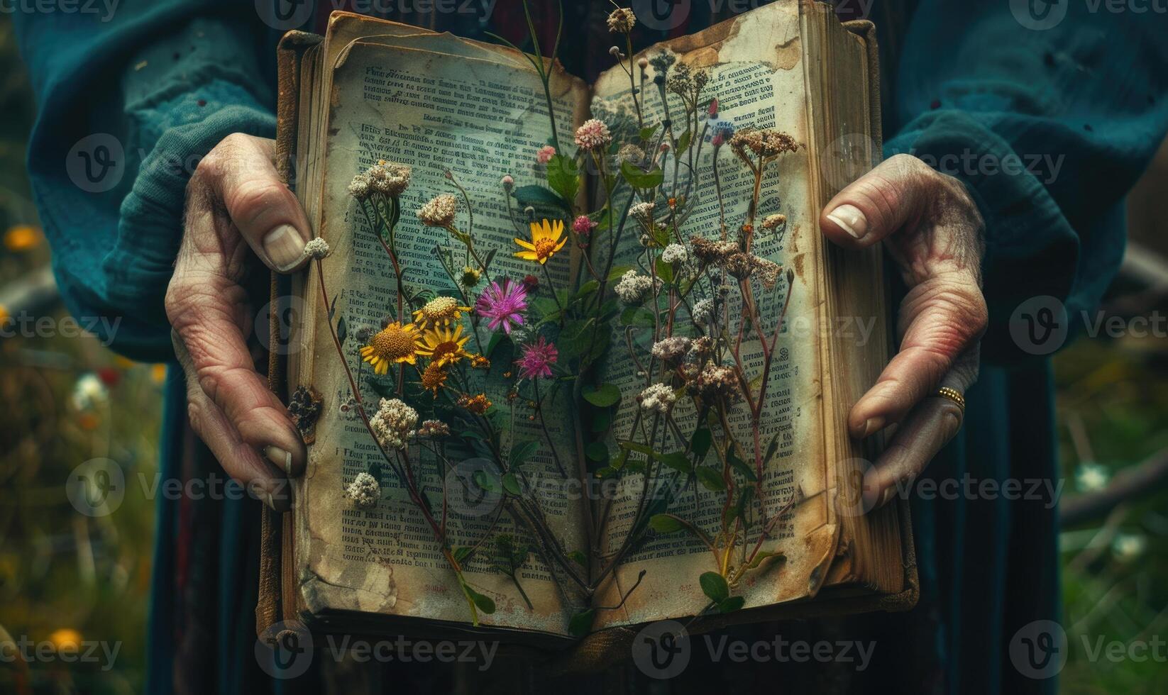 Hands holding an open old book with wildflowers blooming from its pages, closeup view photo