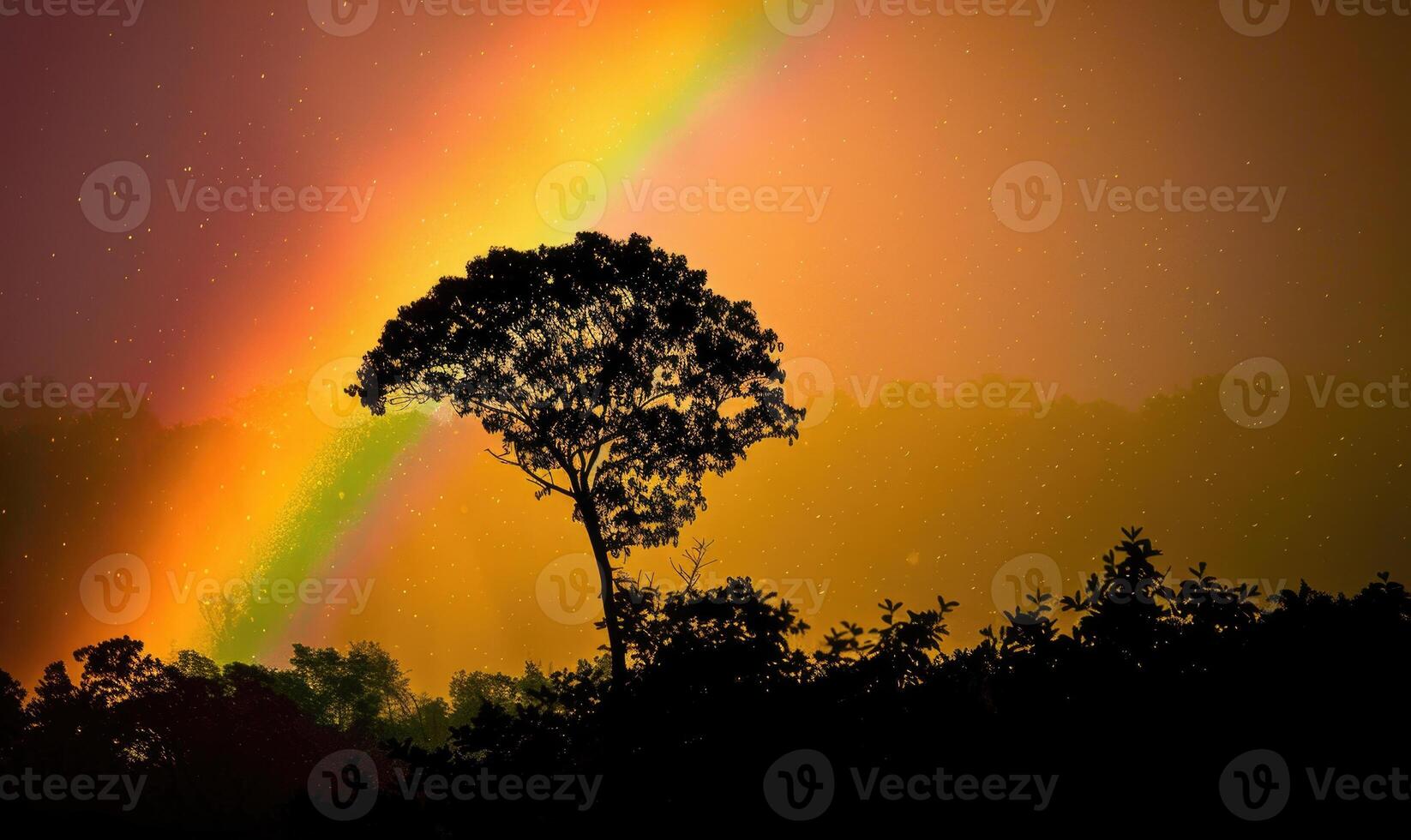 Colorful rainbow after spring rain, rainbow on dark cloudy sky photo