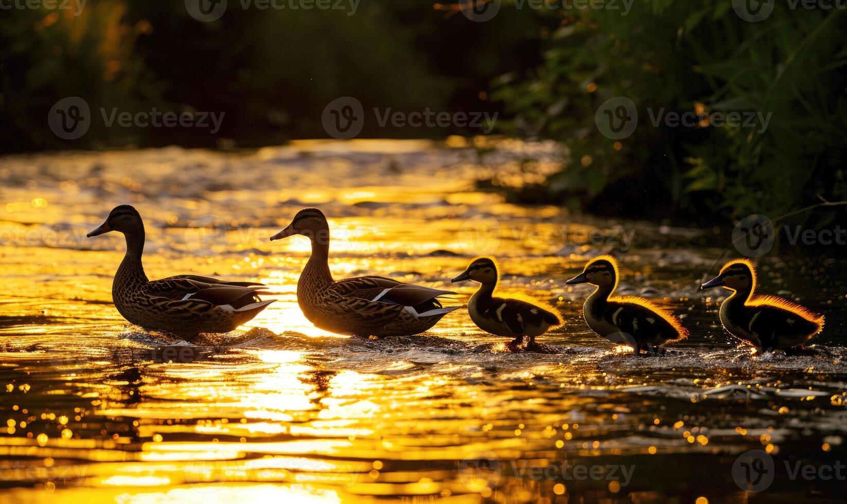 Duck family crossing a stream photo