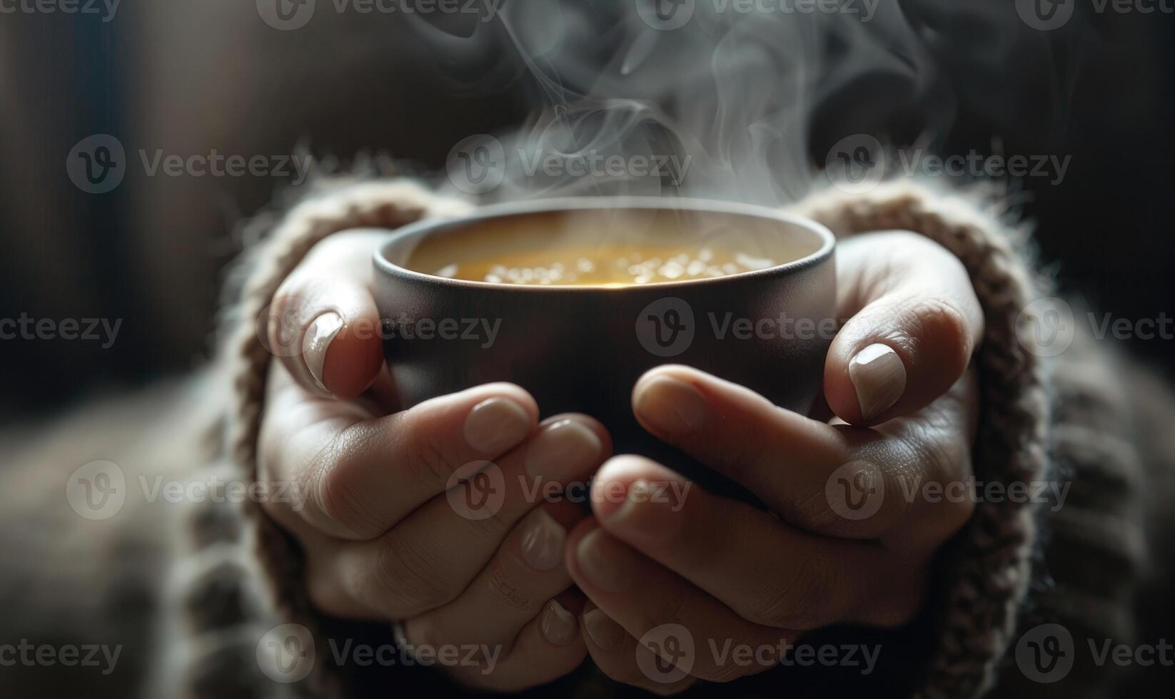 Hands holding a cup of steaming tea, close up view photo