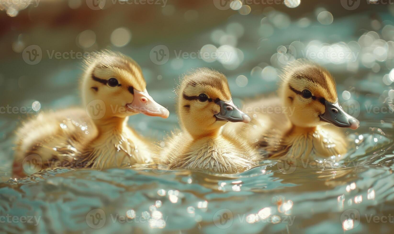Ducklings swimming in a pond, close up view photo
