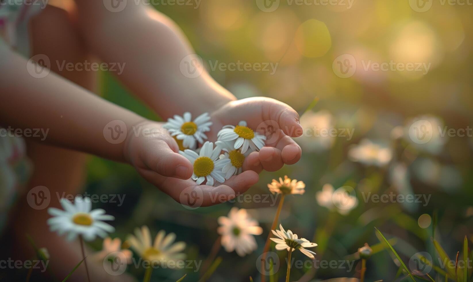 Daisy flowers in a child's hand, spring nature photo