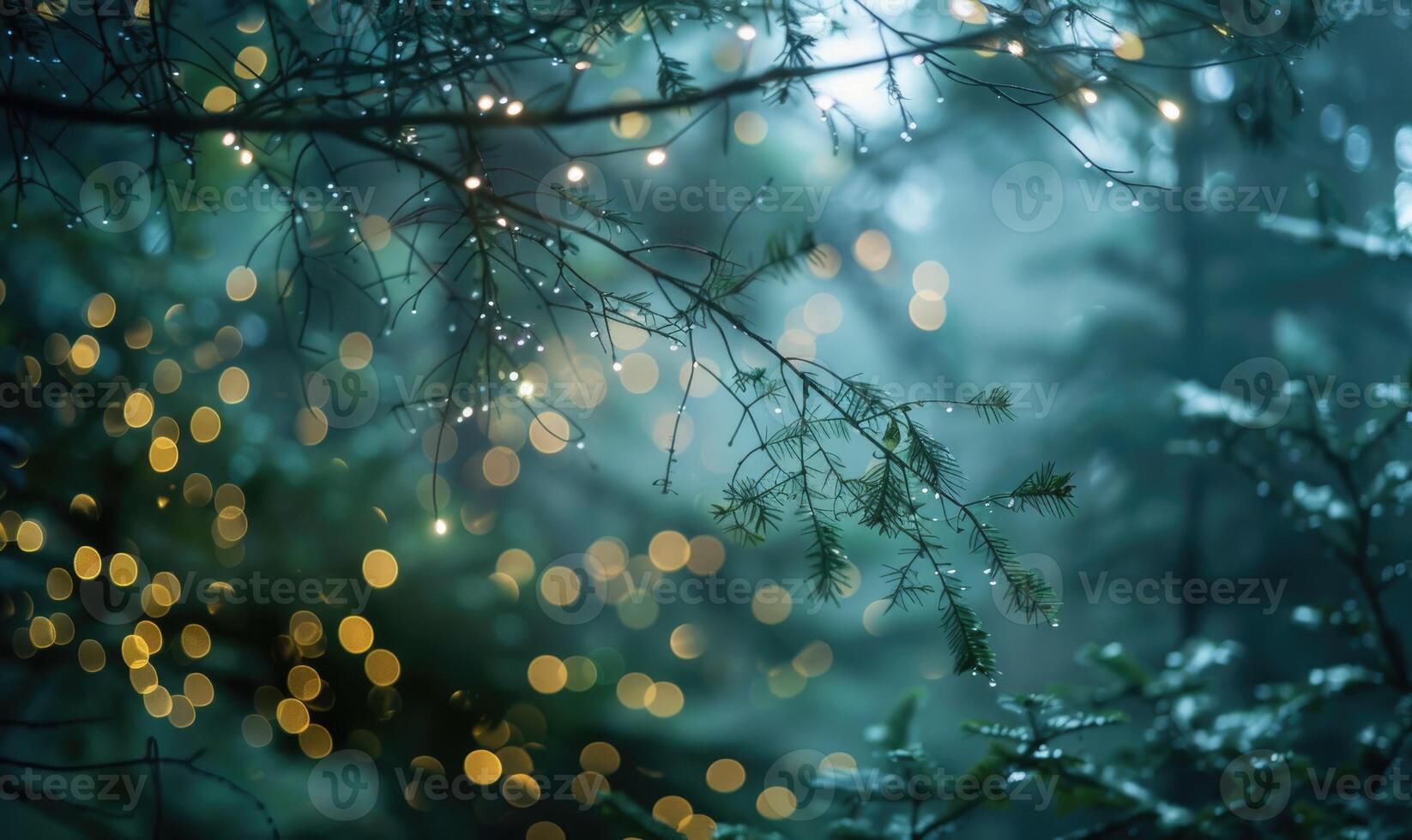 Ethereal bokeh lights diffusing through mist in a mystical woodland, nature background photo