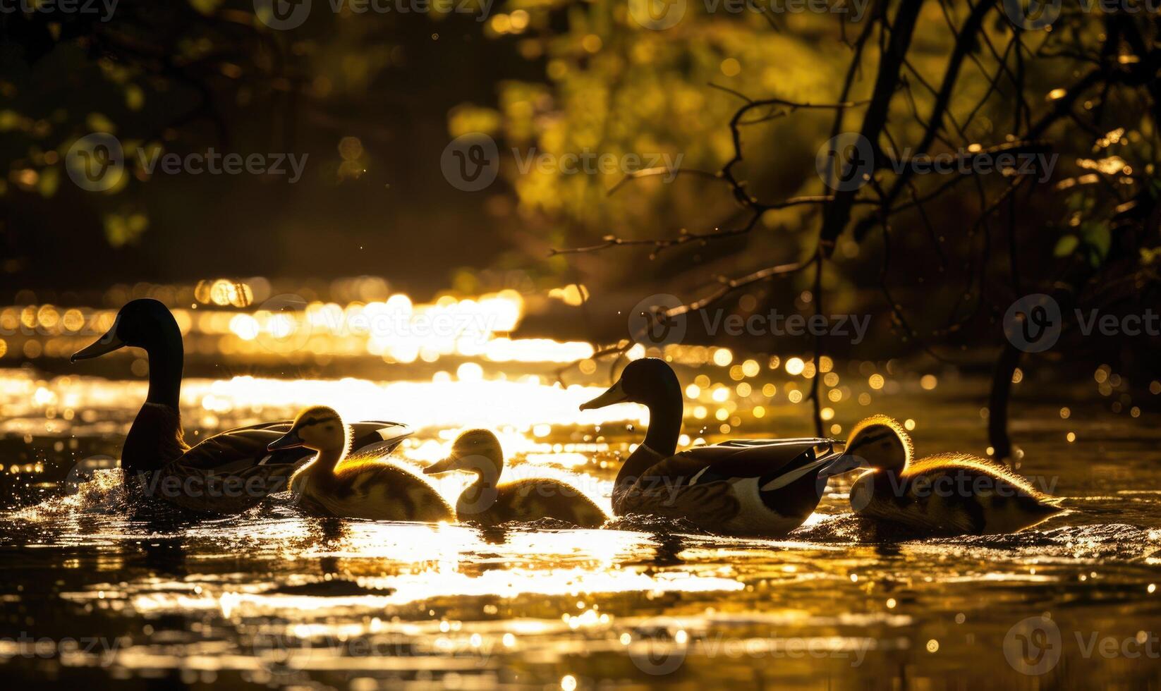 Duck family crossing a stream photo