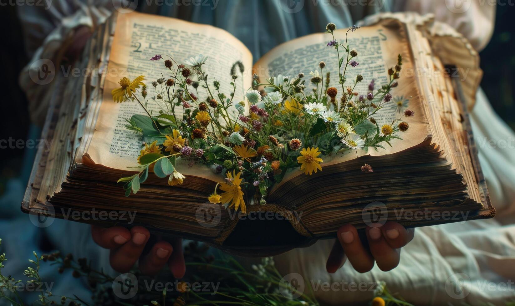 Hands holding an open old book with wildflowers blooming from its pages, closeup view photo