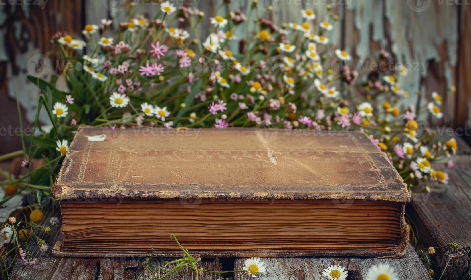 Clásico libro rodeado por flores silvestres foto