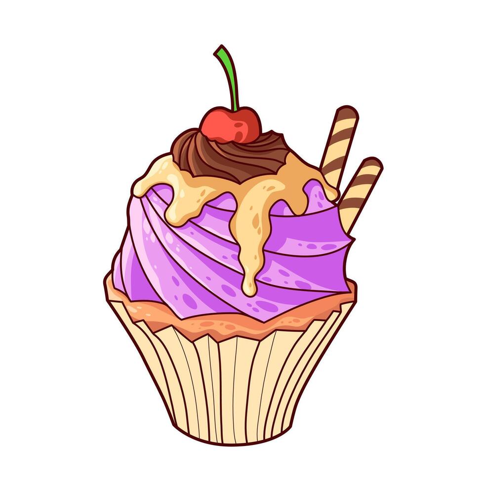 Cup Cake Purple Cartoon in Hand Drawn Illustration vector