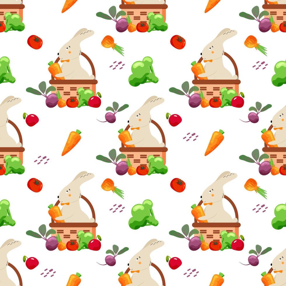 Bright seamless pattern with vegetables as carrot, broccoli, onion, apple, beet, tomato and cute bunny in a basket. vector