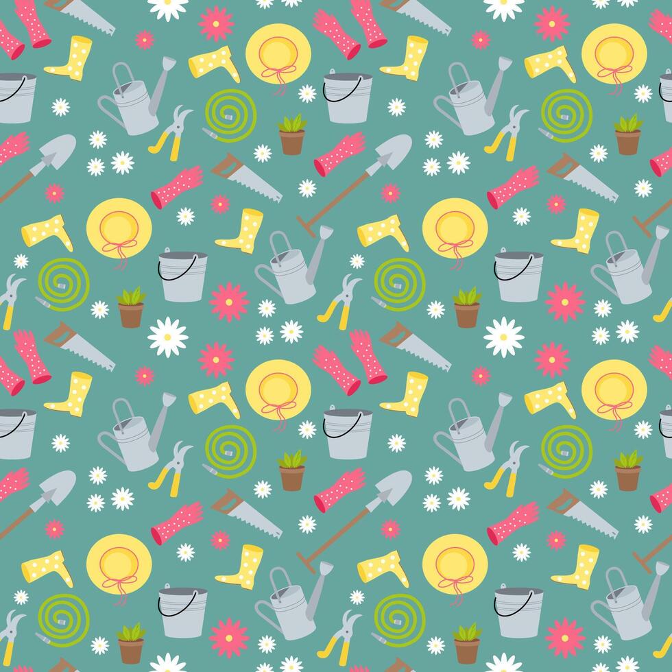 Seamless pattern with garden tools pattern, bucket, shovel, pot with plant, watering hose, can, straw hat, gloves, trimmer and daisies. vector