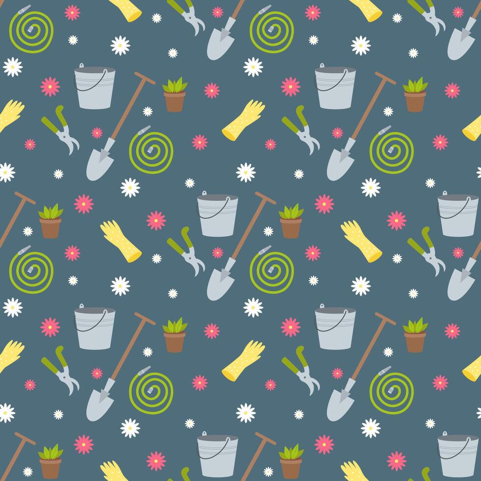 Seamless pattern with garden tools pattern, bucket, shovel, pot with plant, watering hose, gloves, trimmer and daisies. vector