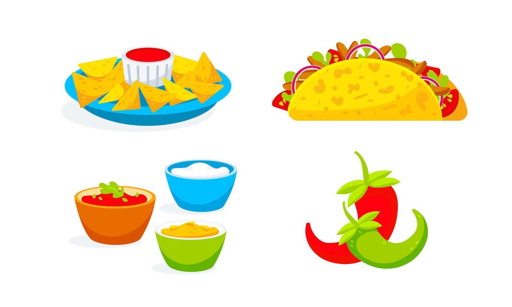 Set of images of tacos, sauces, nachos, chili peppers in cartoon style. vector