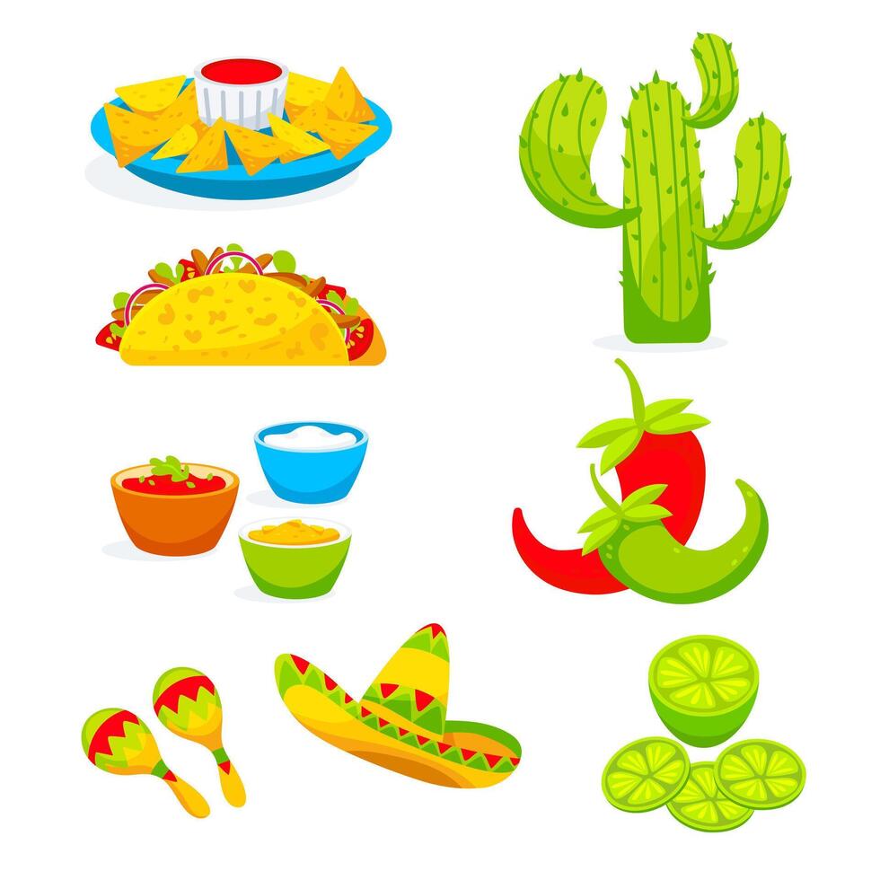 A set of images on the theme of Mexican cooking, tacos, sauces, nachos, chili peppers, sambrero, cactus, lime, maracas in cartoon style. vector