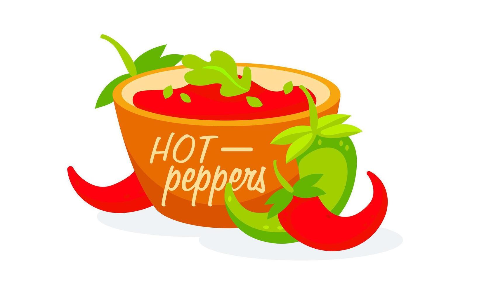 image of red sauce and hot red and green peppers, lettering Hot peppers in cartoon style. vector