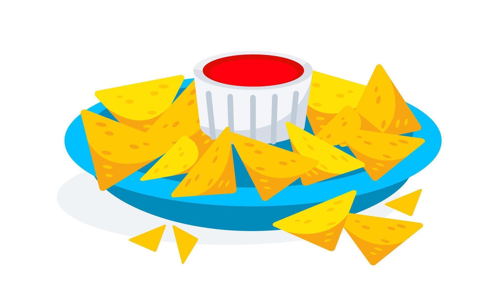 image of Mexican nacho chips on a platter and red sauce in cartoon style. vector