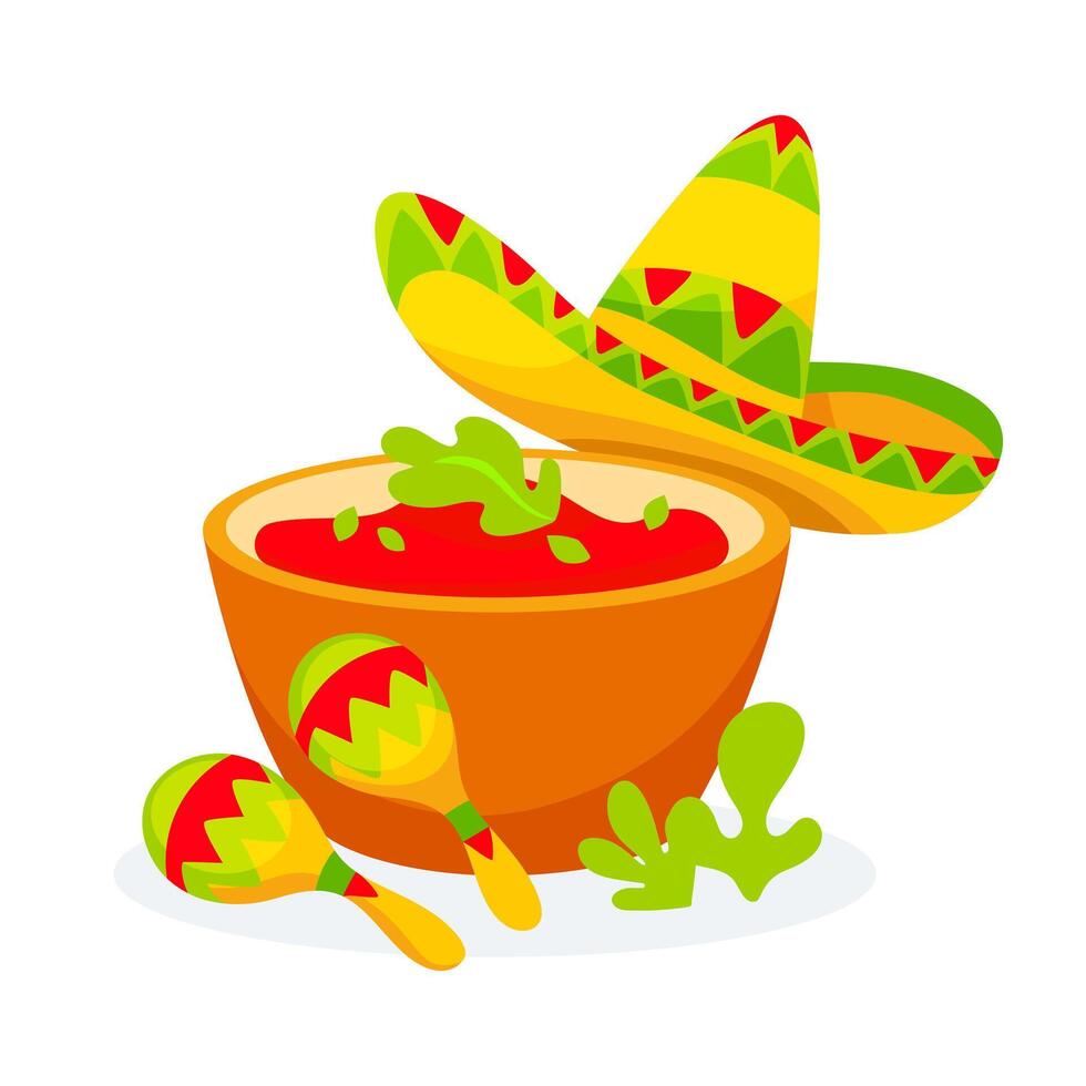 image of Mexican sauce, sombrero and maracas in cartoon style. vector