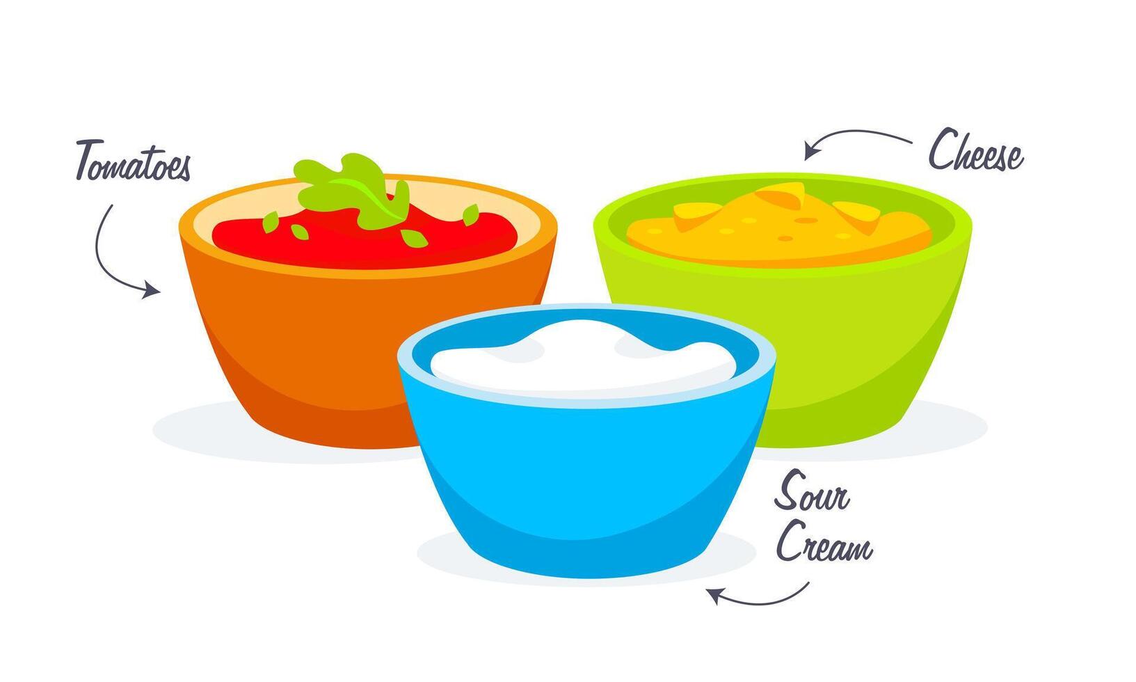 image of tomato sauce, cheese sauce and white cream sauce in cartoon style. vector