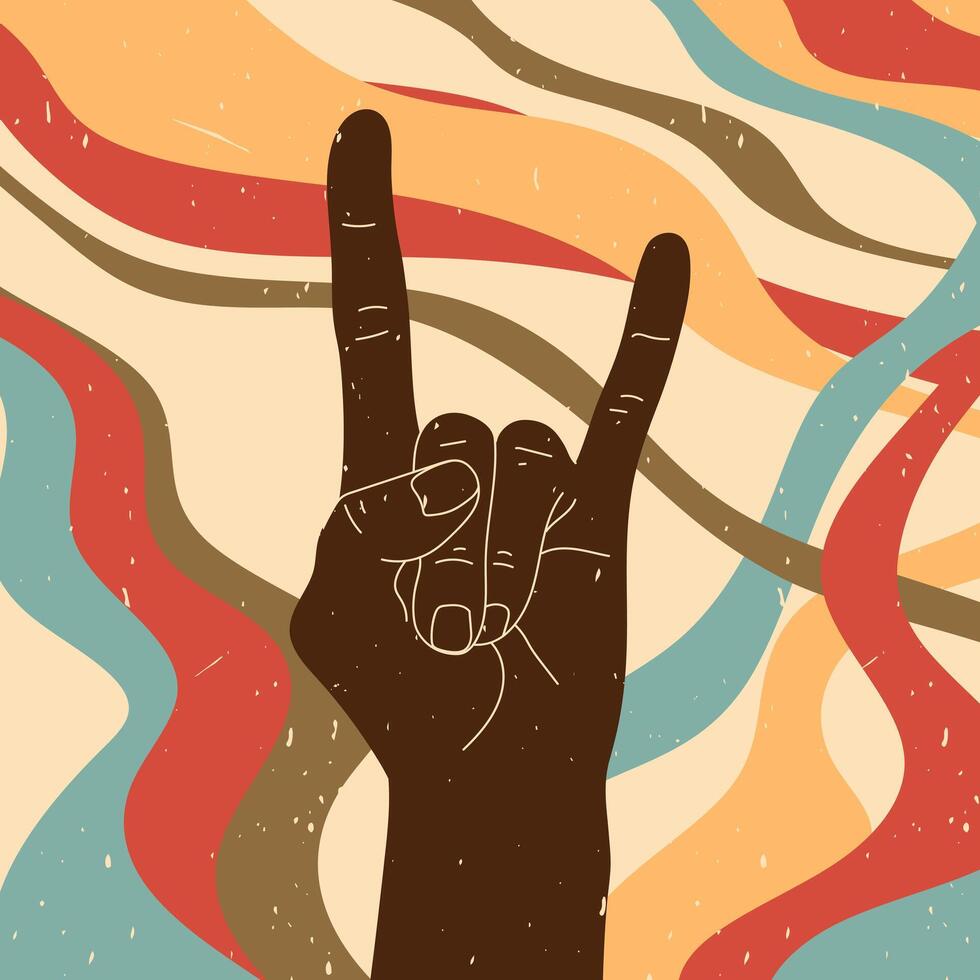 Retro style background with a hand showing rock horns gesture. Vintage grunge texture. illustration vector