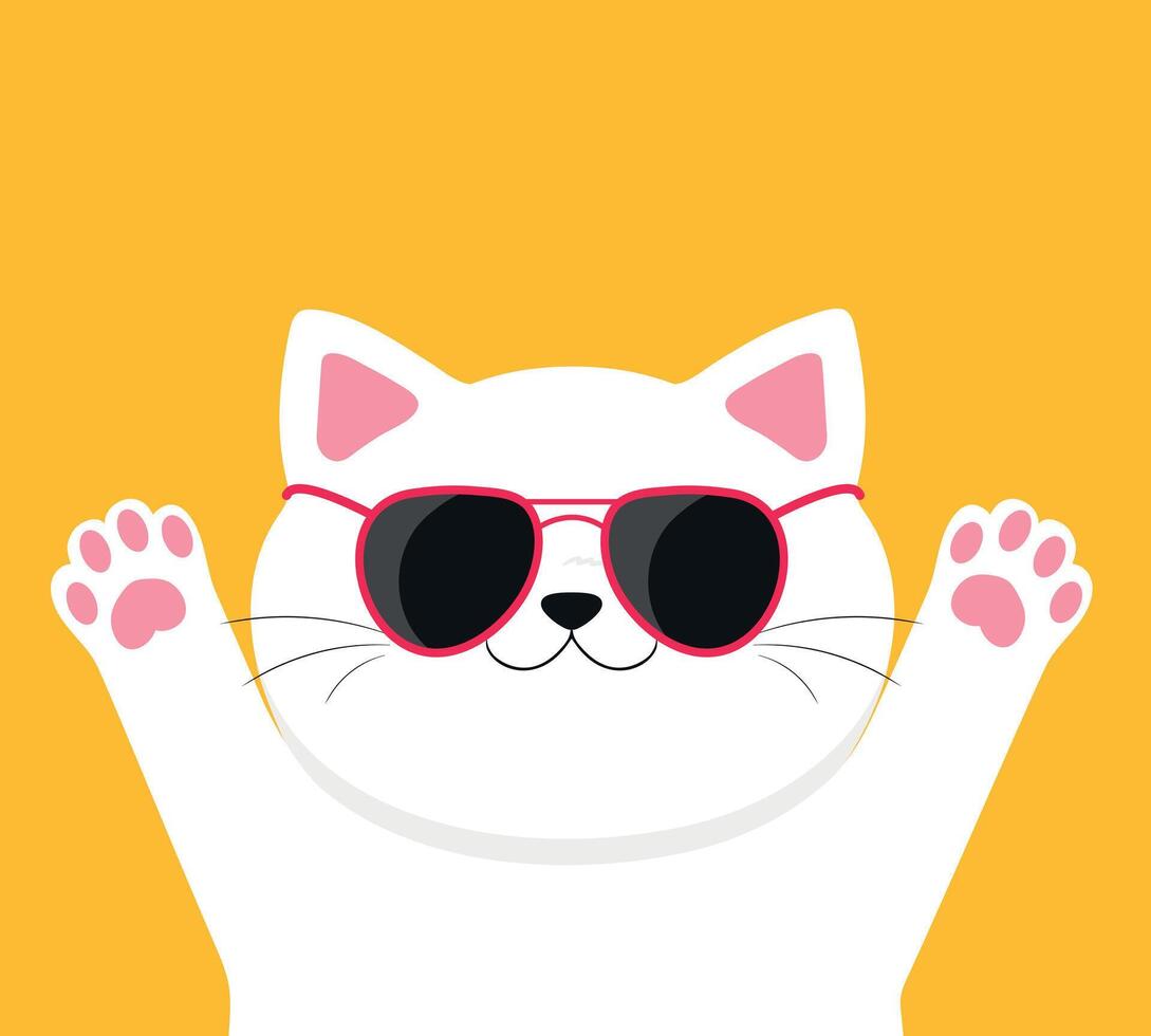 White cat wearing sunglasses. Cool stylish cat on yellow background. Cute cartoon character. illustration vector