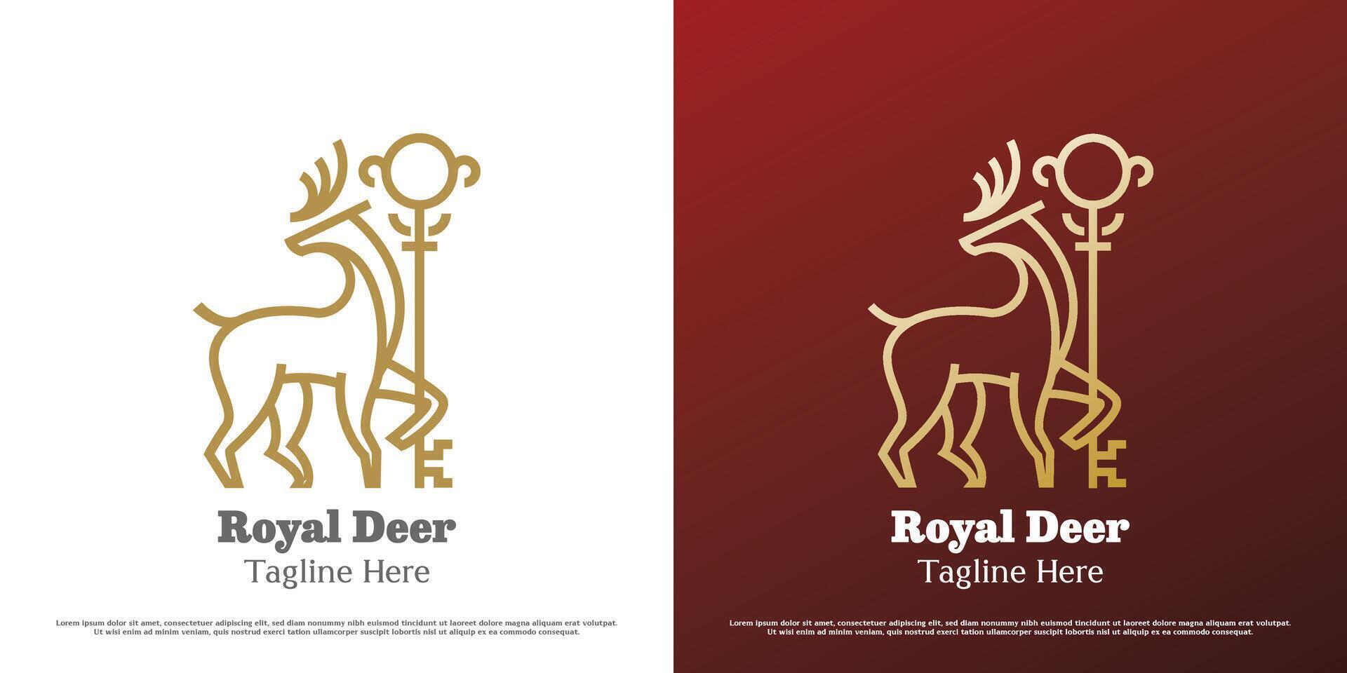 Royal deer key logo design illustration. Linear silhouette deer stag doe ruminant buck elk gazelle animal fauna wildlife kingdom key. Simple minimal gradient major crest palace icon symbol elegant. vector