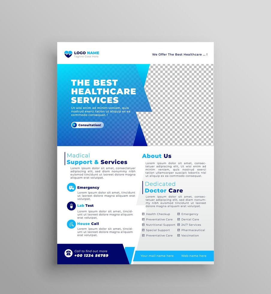 Creative Medical Service flyer design layout space for blue and black color medical health flyer template. Hospital and doctor clinic promotional Flyer. vector