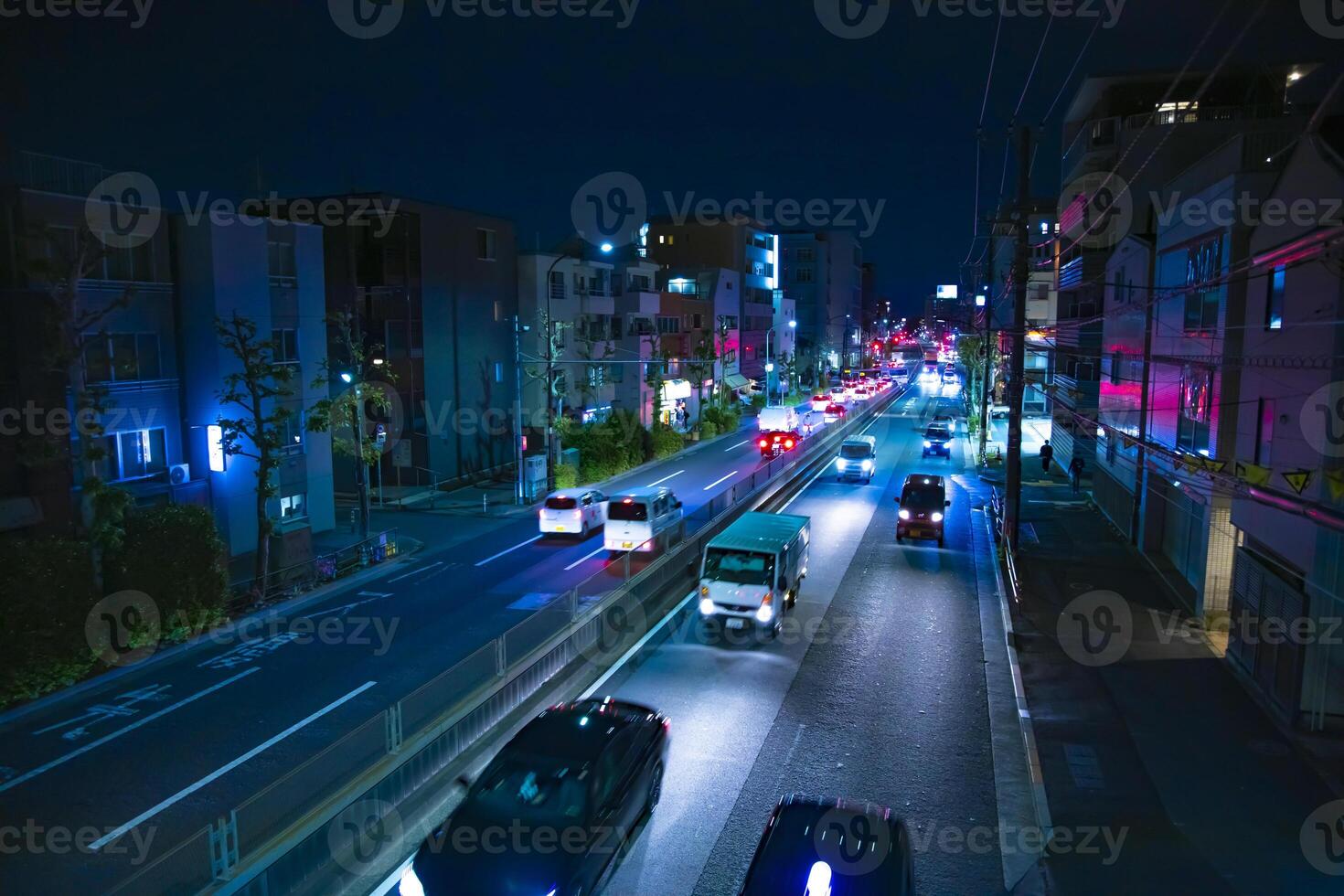 A night traffic jam at the downtown street in Tokyo wide shot photo