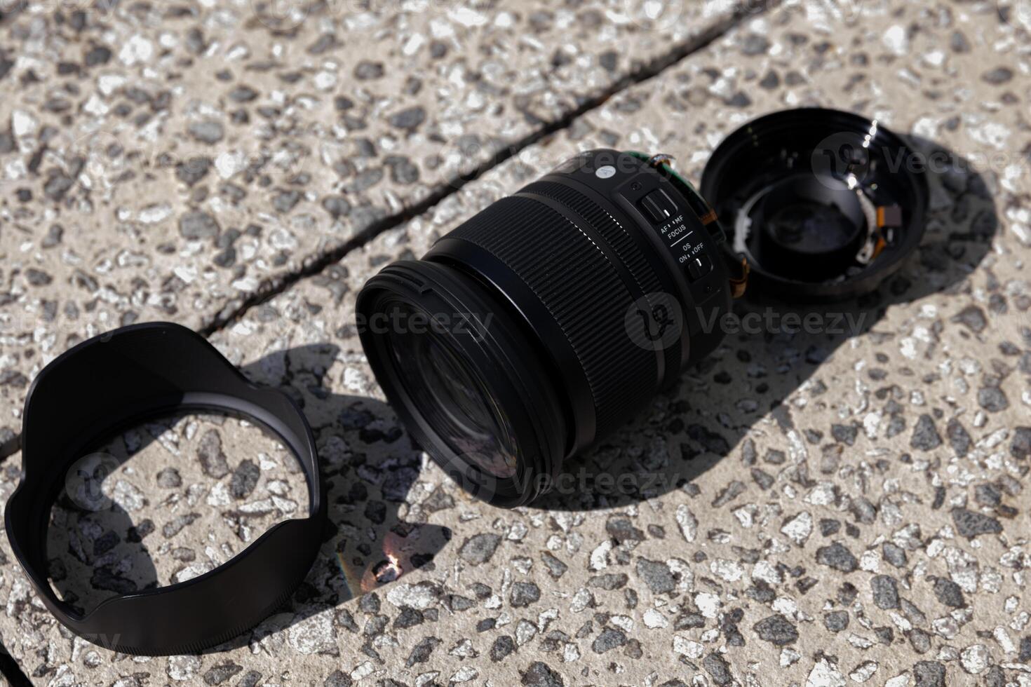 A broken lens on the street sunny day handheld photo