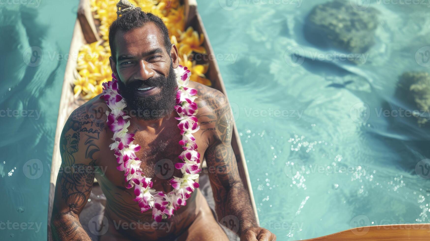 AI generated A Pacific Islander man with tattoos and a flower garland is navigating a canoe in the clear waters of Fiji photo