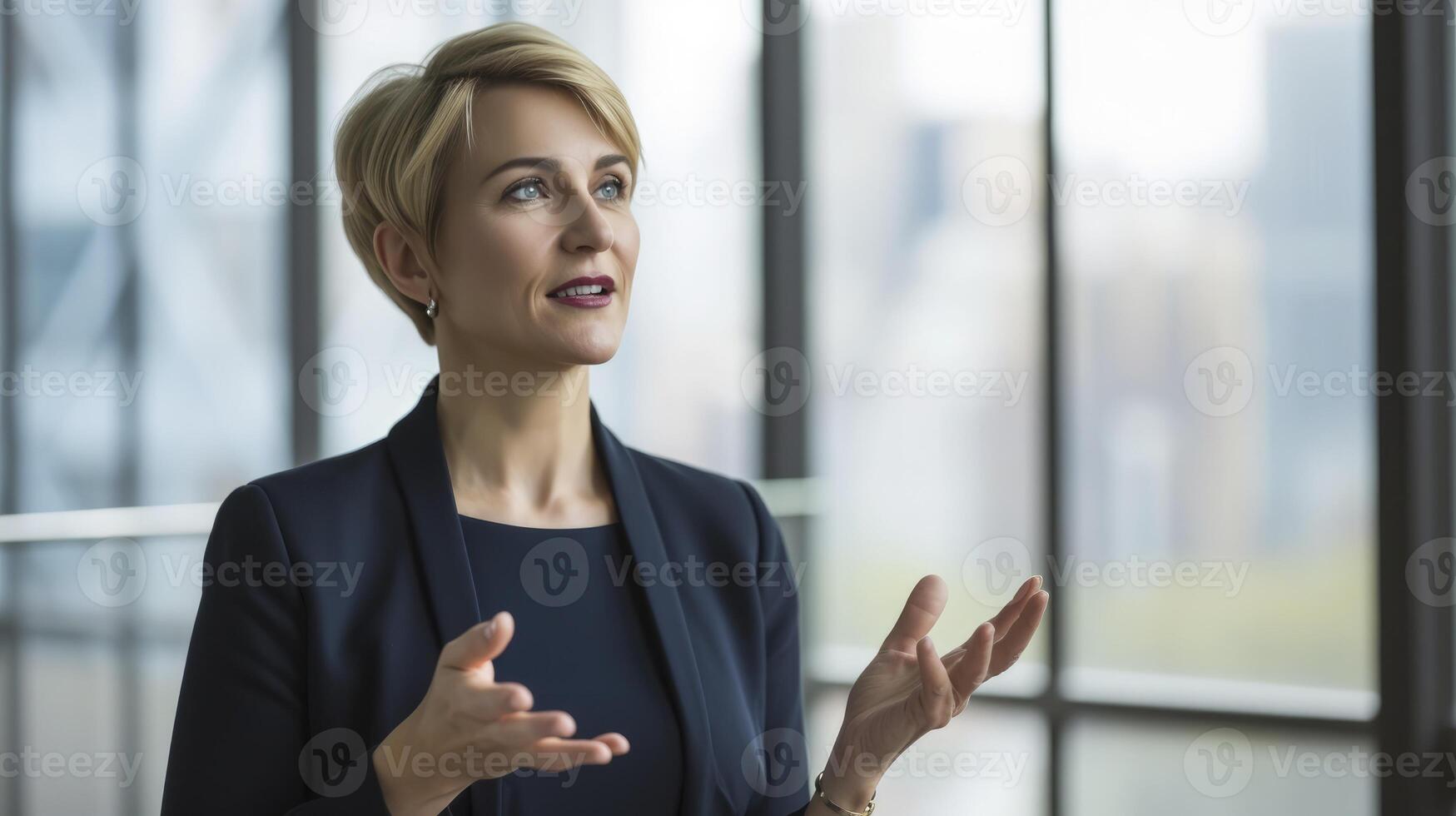 ai generado un de edad mediana caucásico mujer con corto rubia pelo y azul ojos, vistiendo un negocio traje, es dando un presentación en un moderno oficina edificio en nuevo York ciudad foto