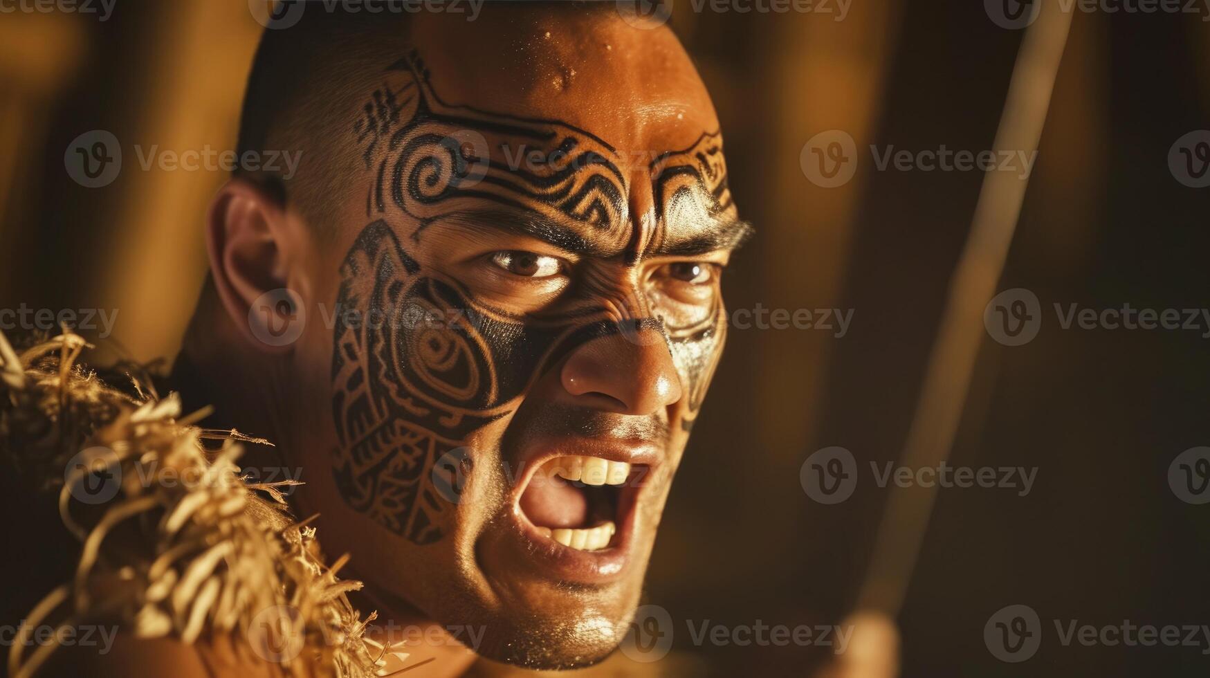 AI generated A Maori man with traditional facial tattoos is performing a haka in a marae in New Zealand photo