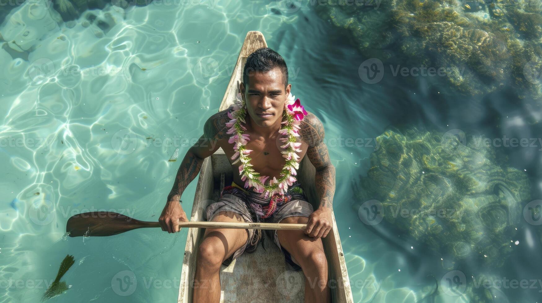 AI generated A Pacific Islander man with tattoos and a flower garland is navigating a canoe in the clear waters of Fiji photo