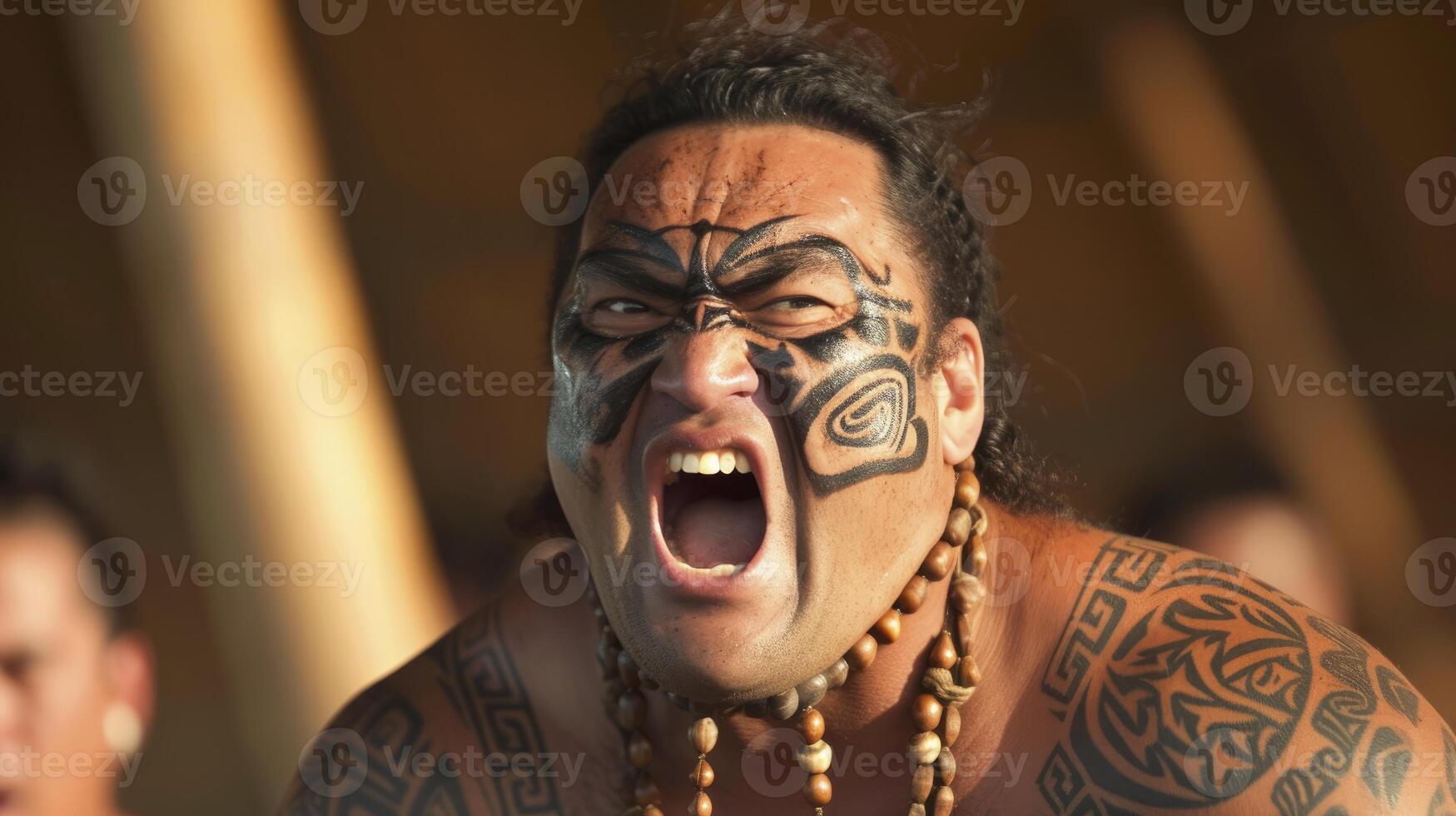 AI generated A Maori man with traditional facial tattoos is performing a haka in a marae in New Zealand photo