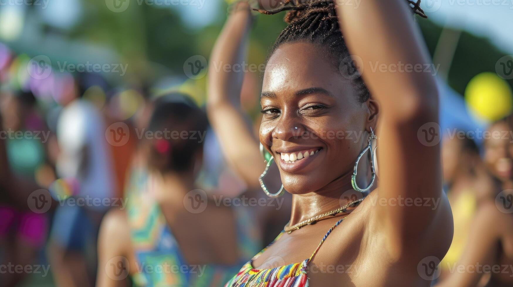 AI generated A Caribbean woman is dancing to reggae music at a festival in Jamaica photo