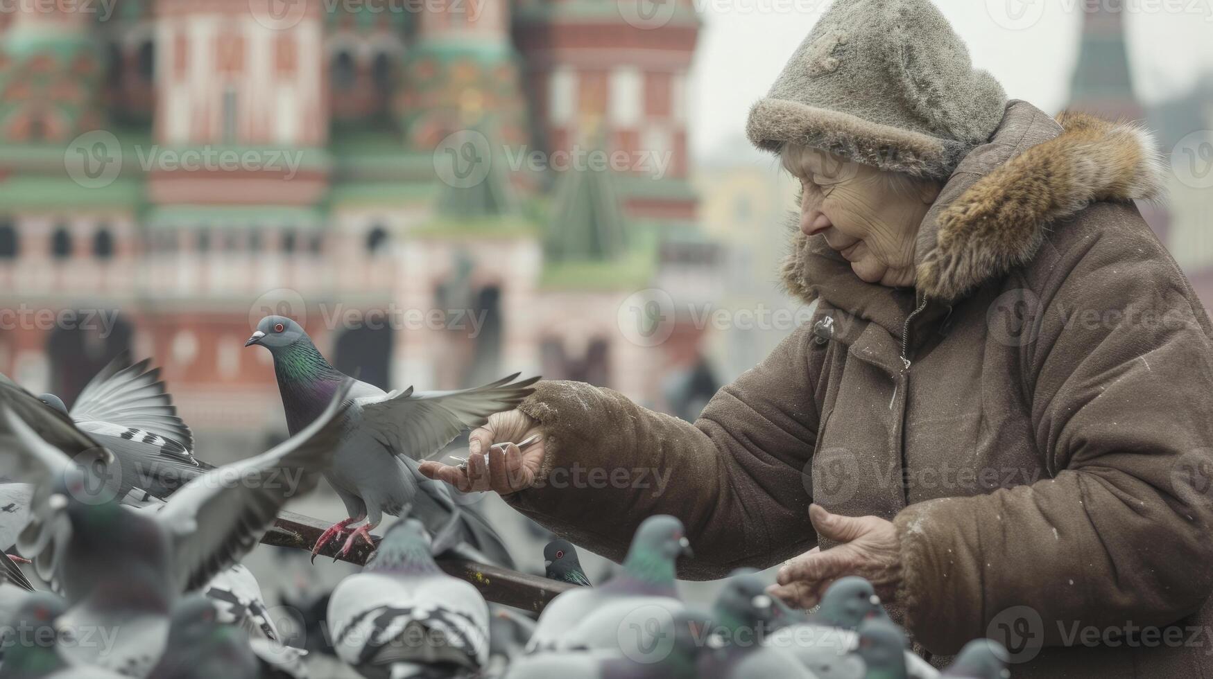 AI generated A Russian woman in her 50s, with a fur hat and a warm coat, is feeding pigeons in Red Square, Moscow photo