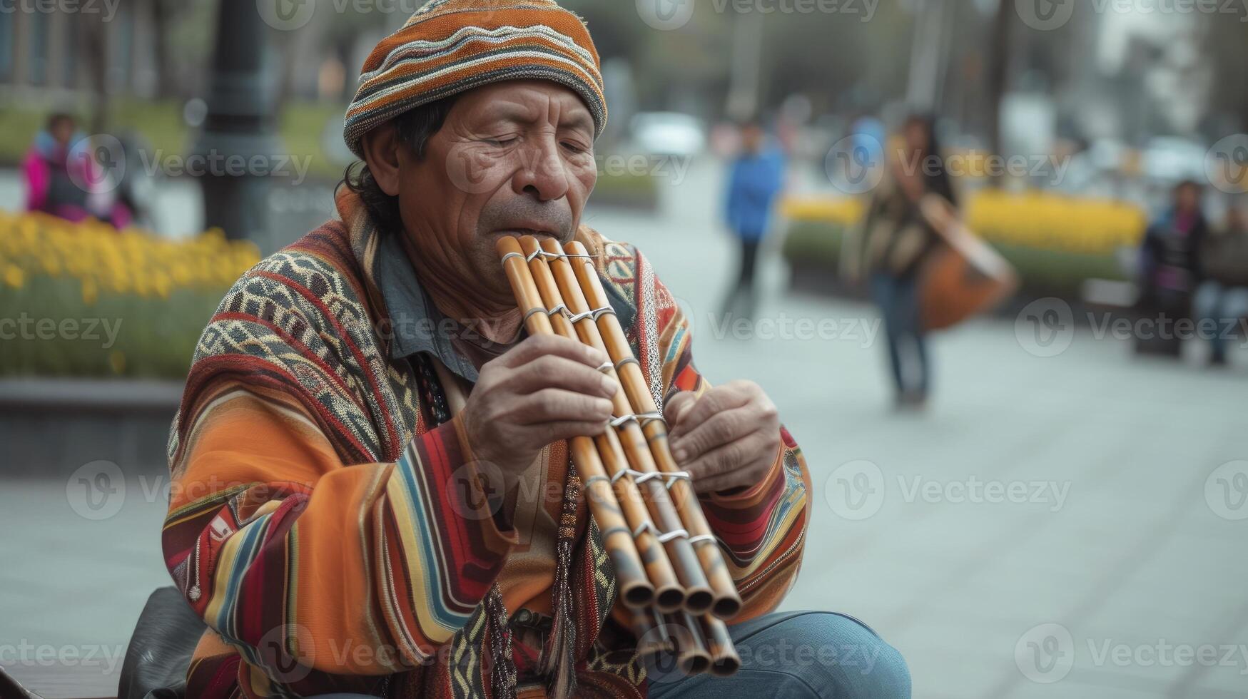 AI generated A South American street artist is playing the pan flute in a square in Lima, Peru photo