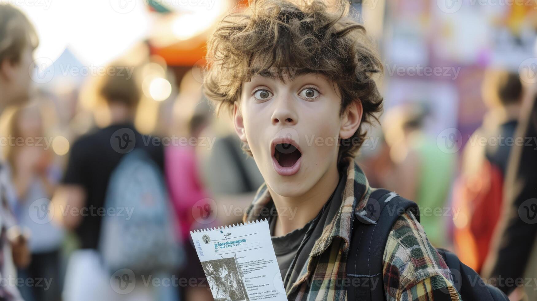 AI generated A teenage boy from Europe, with a surprised expression and a concert ticket, is attending his first rock concert in London, England photo
