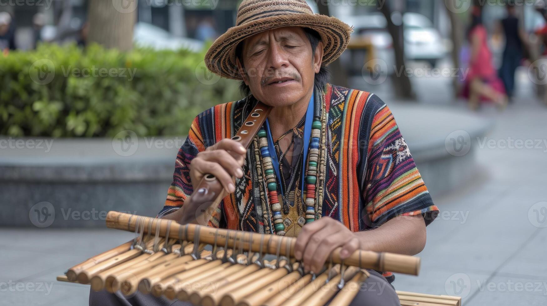 ai generado un sur americano calle artista es jugando el pan flauta en un cuadrado en lima, Perú foto