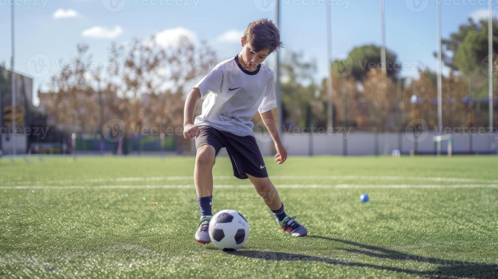 AI generated A teenage boy from Europe, with a determined expression and a soccer ball, is practicing his shots on a field in Madrid, Spain photo