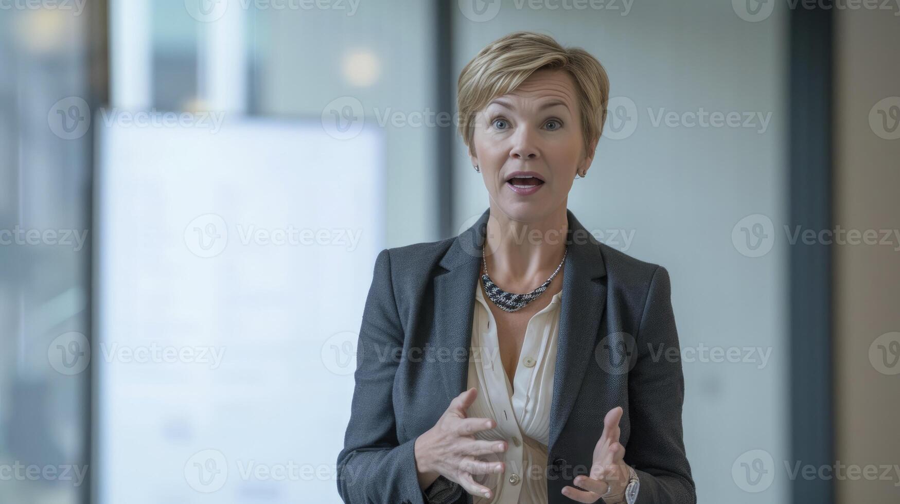 ai generado un de edad mediana caucásico mujer con corto rubia pelo y azul ojos, vistiendo un negocio traje, es dando un presentación en un moderno oficina edificio en nuevo York ciudad foto