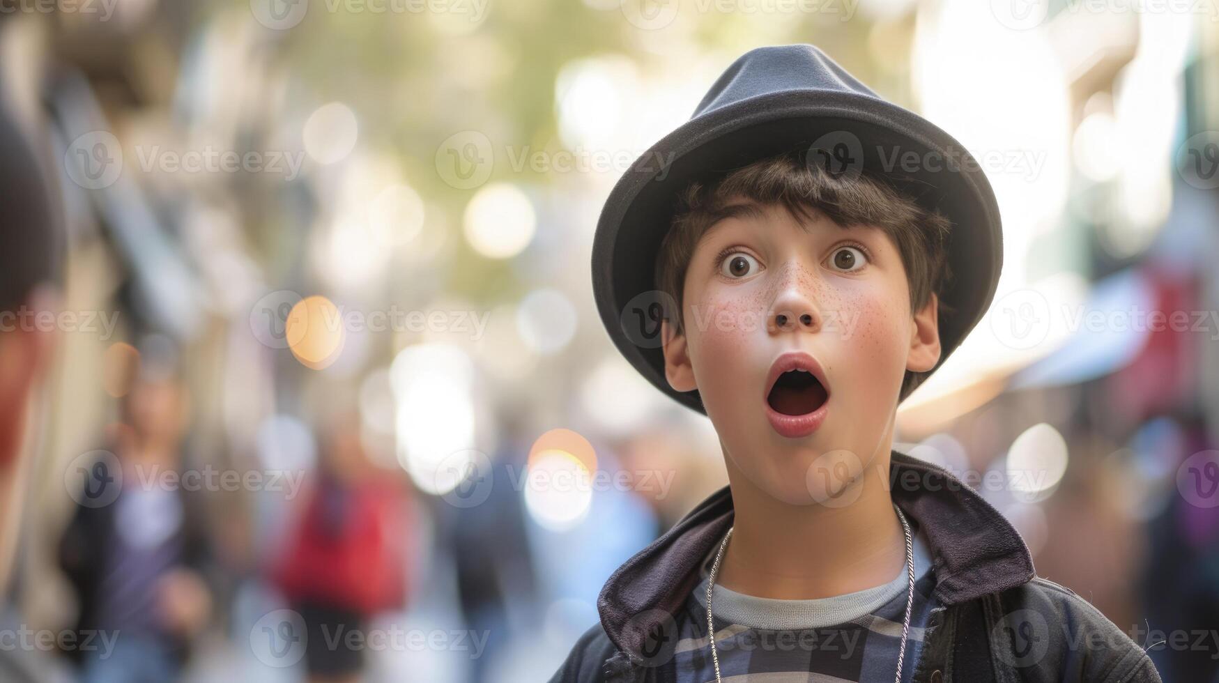 AI generated A teenage boy from Europe, with a surprised expression and a magic trick, is performing in a street in Barcelona, Spain photo