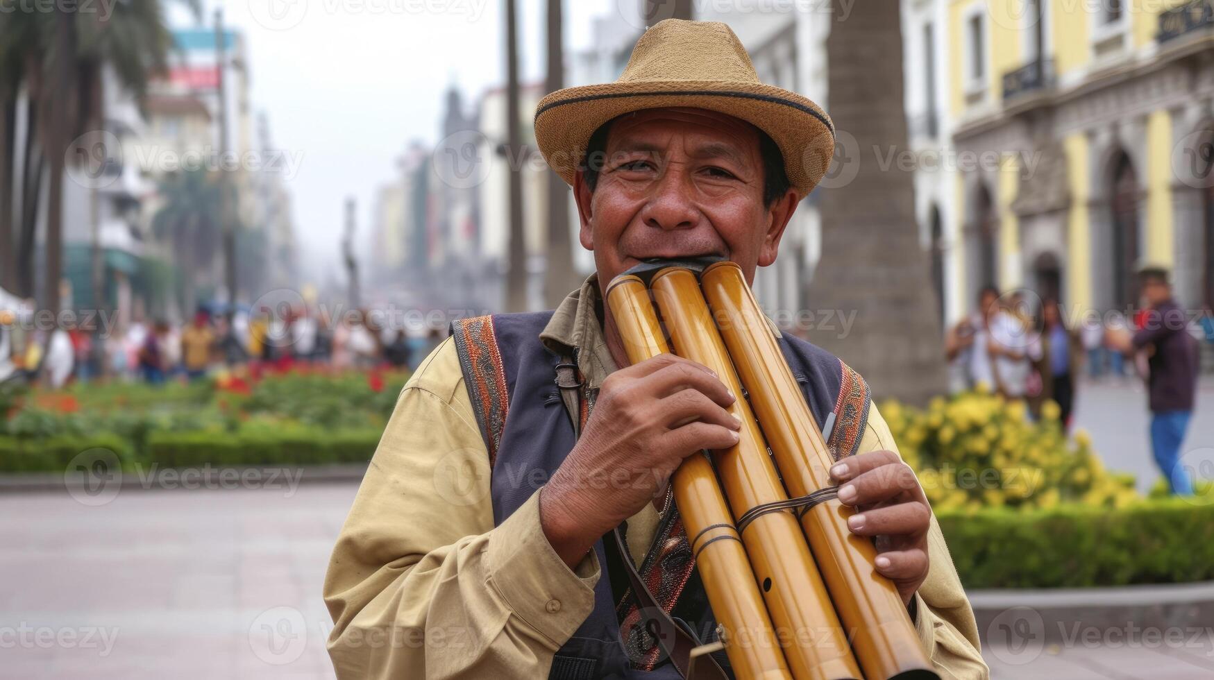 ai generado un sur americano calle artista es jugando el pan flauta en un cuadrado en lima, Perú foto