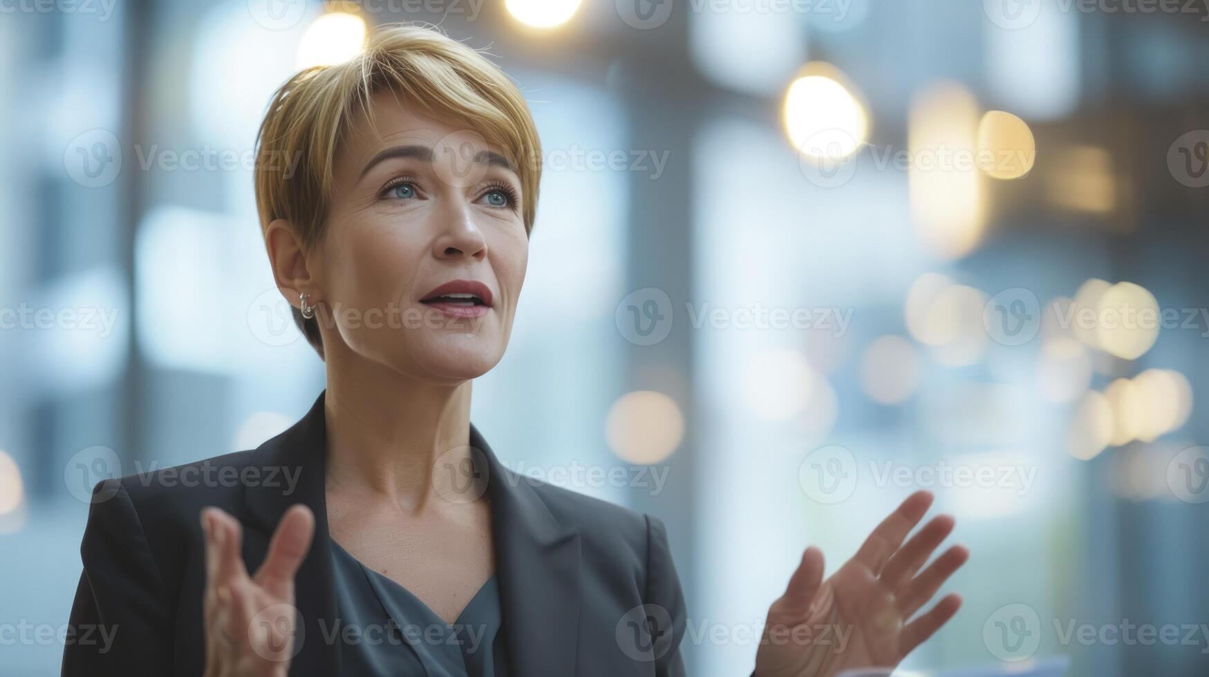 AI generated A middle-aged Caucasian woman with short blonde hair and blue eyes, wearing a business suit, is giving a presentation in a modern office building in New York City photo