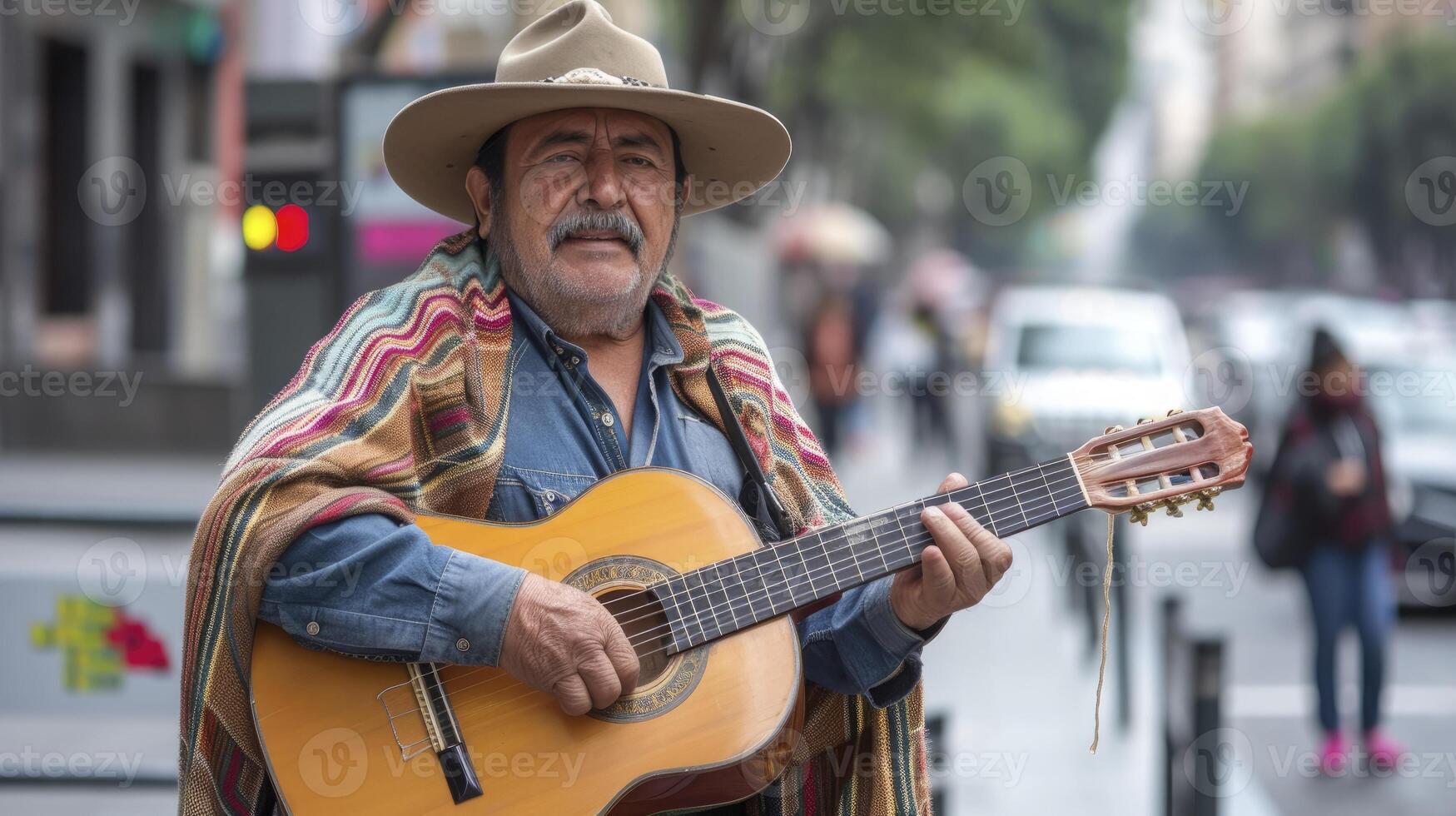 AI generated A middle-aged man from South America, with a poncho and a sombrero, is playing a guitar on a street in Mexico City photo