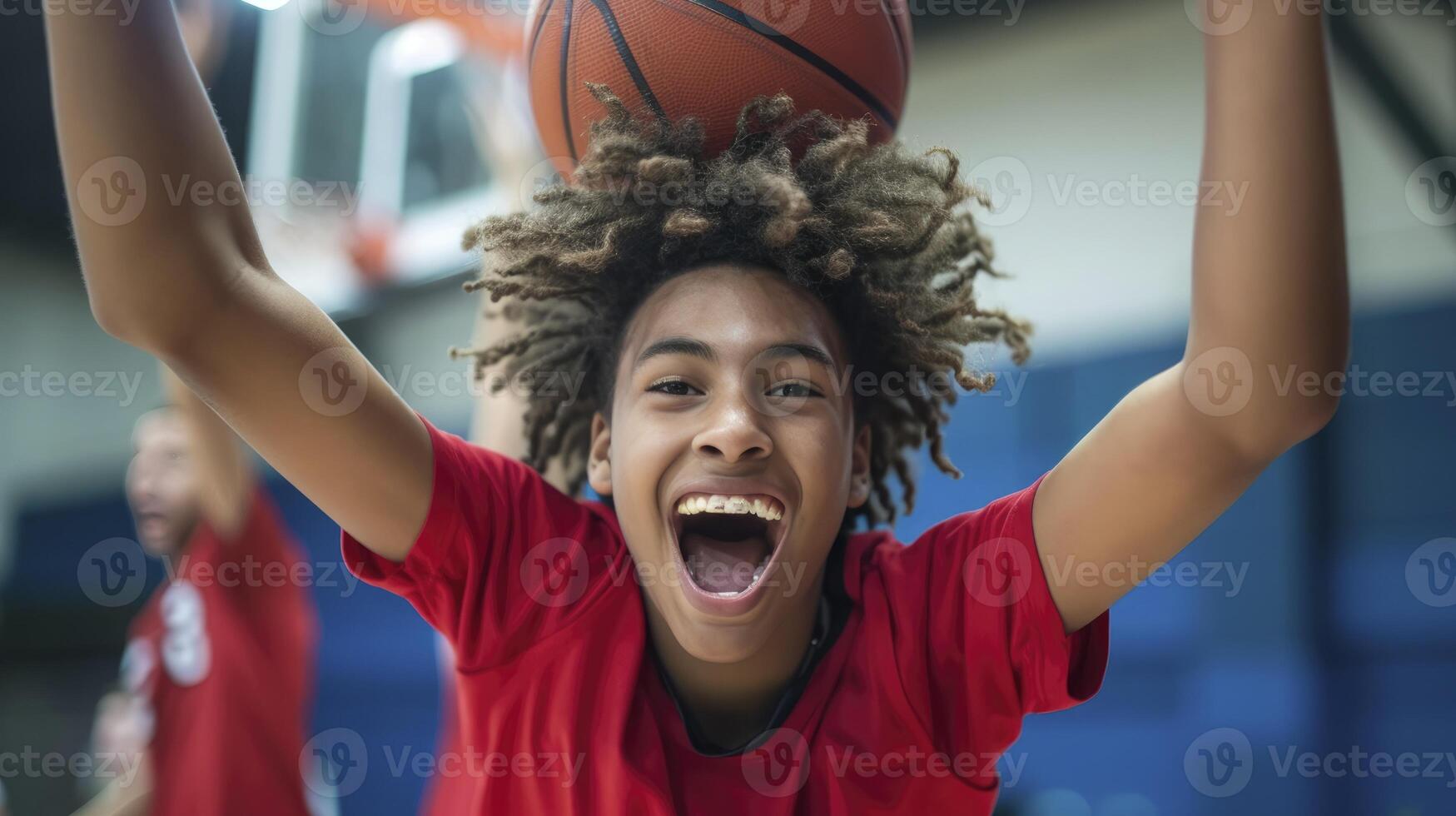 AI generated A teenage boy from North America, with an excited expression and a basketball, is celebrating a winning shot in a school in Chicago, USA photo