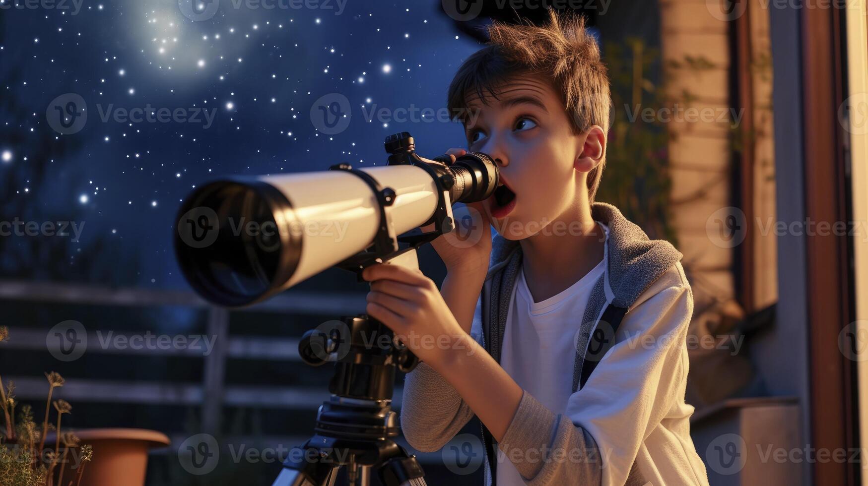 AI generated A teenage boy from Europe, with a surprised expression and a telescope, is discovering a new star from his backyard in Athens, Greece photo