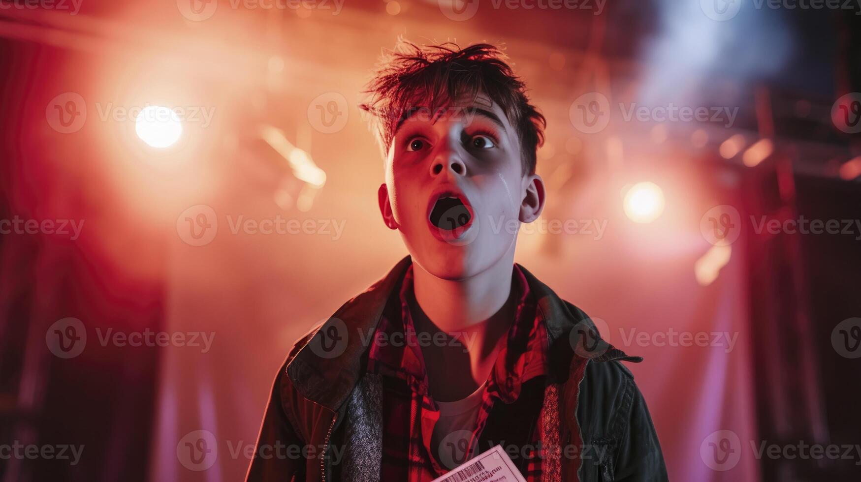 AI generated A teenage boy from Europe, with a surprised expression and a concert ticket, is attending his first rock concert in London, England photo