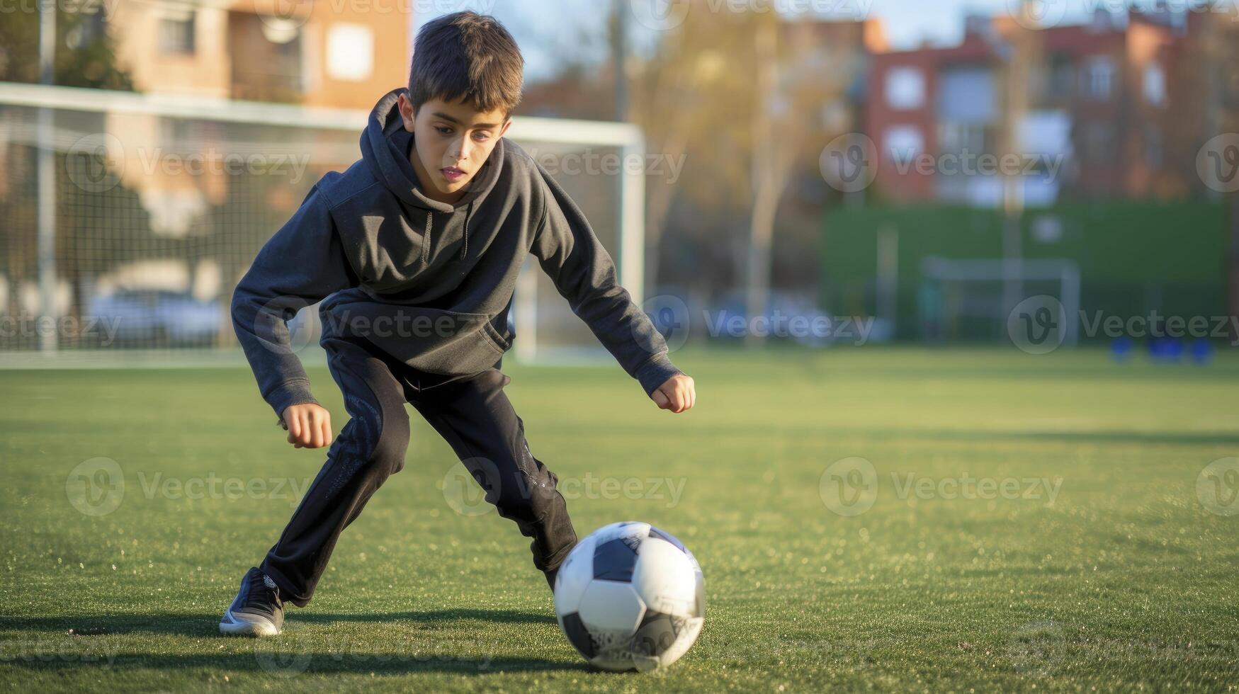 AI generated A teenage boy from Europe, with a determined expression and a soccer ball, is practicing his shots on a field in Madrid, Spain photo