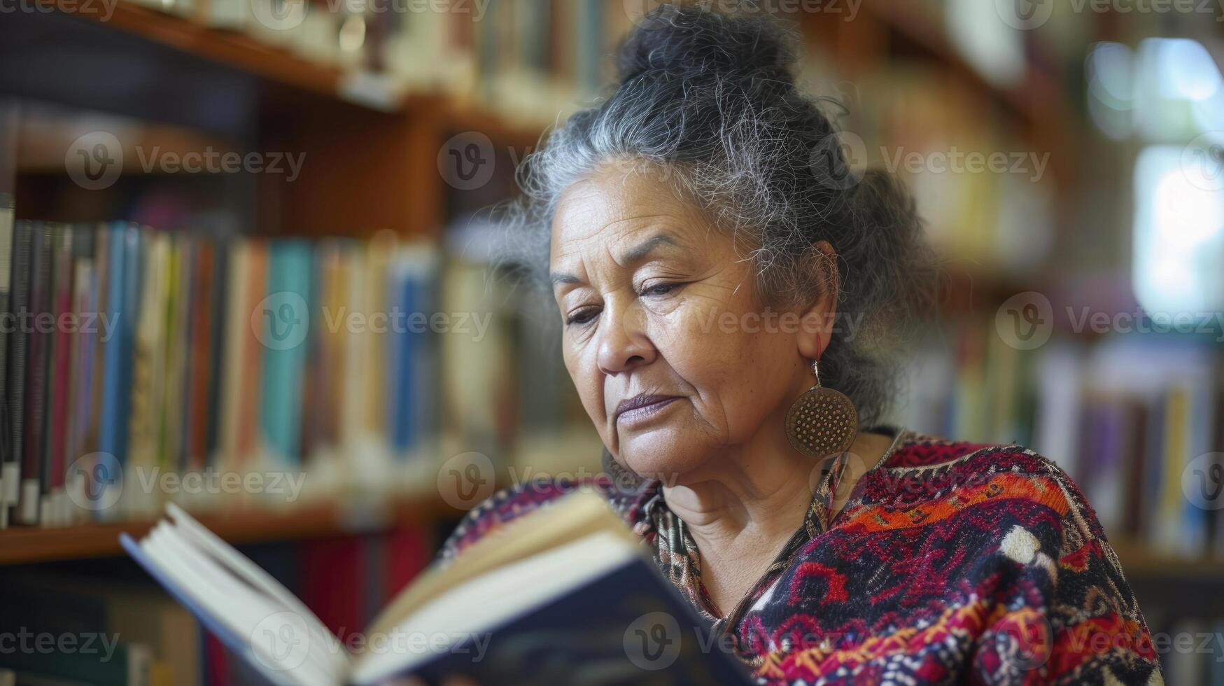AI generated A middle-aged woman from Oceania, with a thoughtful expression and a book, is reading in a library in Wellington, New Zealand photo